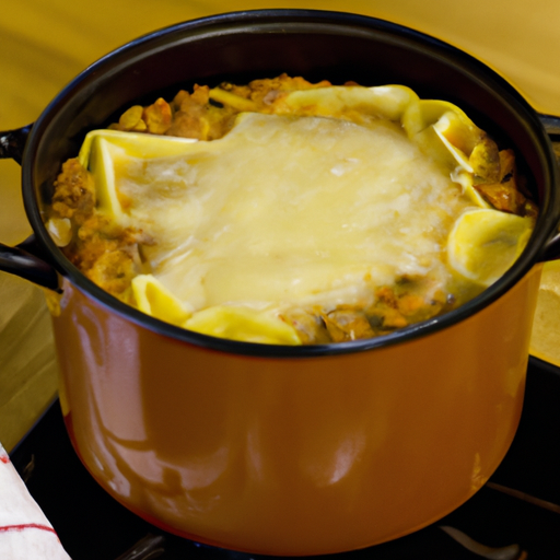 A Dutch oven filled with simmering Dutch Oven Lasagna Soup, ready to be served.